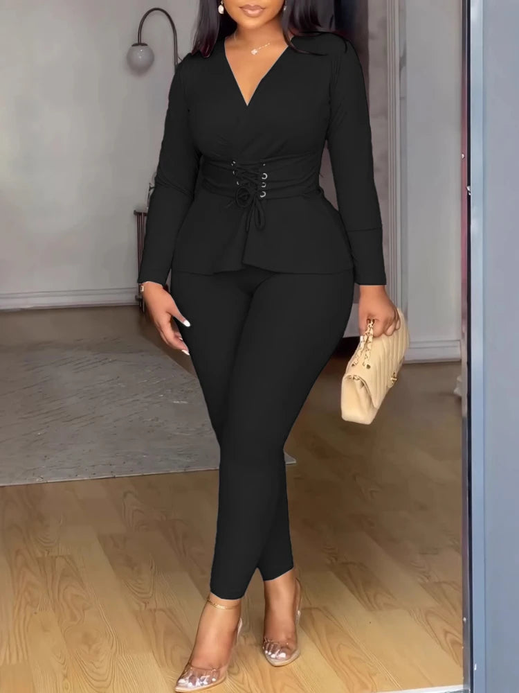 KIMLUD, Pant Set Women Two Piece Sets V Neck Elegnt Work Solid Casual Slim Fit High Waist Tops Matching Sets Long Pants Slim Fit 2025, KIMLUD Womens Clothes