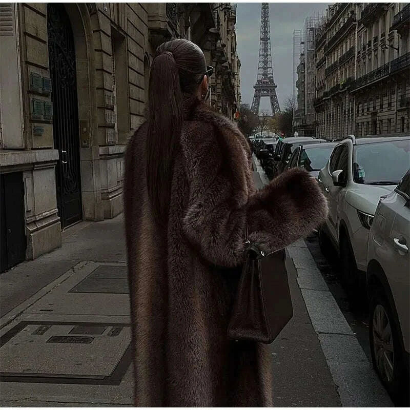 Fashion Brown Faux Fur Overcoat Women Luxury Lapel Long Sleeve Fluffy Coat 2025 Winter Female Thicken Warm High Street Outwear