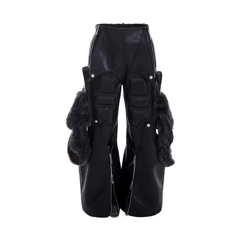 PU Leather Wide-Leg Baggy Cargo Pants — Black | KIMLUD