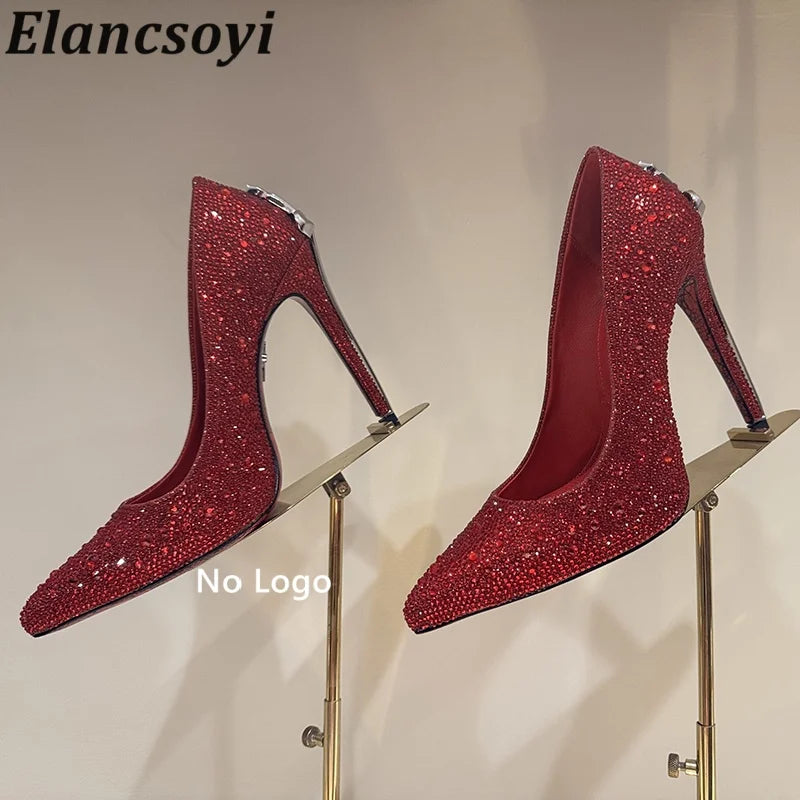 Leather Pumps With Metal High Heels Metal-Embellished Shaft Sculpted Pointed Toe — Gold | KIMLUD