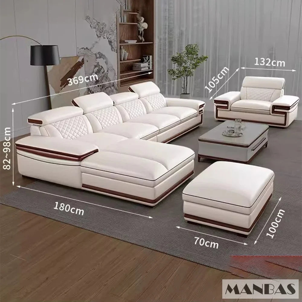 Genuine Italian Leather Sofa Set With Adjustable Headrests — Ivory | KIMLUD