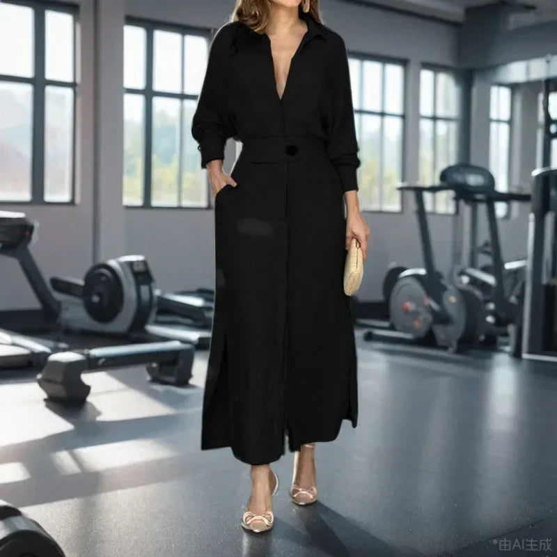 Women Fashion Solid Casual Dress Long Sleeve Office Lady Straight Minimalist Autumn Spring Vintage Elegant Midi Dress with Belt