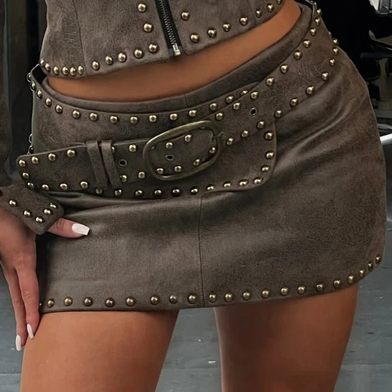 Jacket Skirt Set - Studded Trim - Cropped Zip-Up - Women | KIMLUD