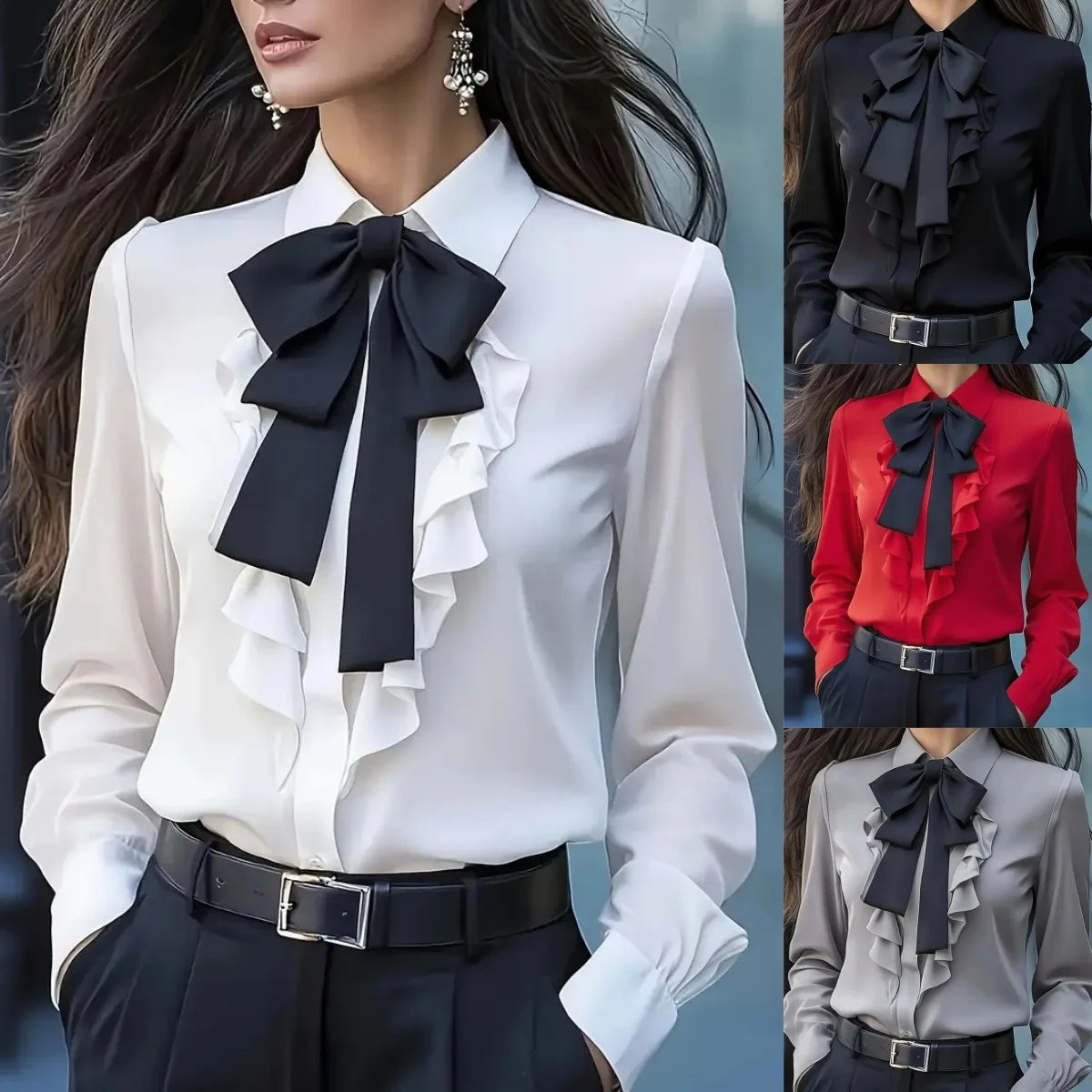 Lace-Up Bow Ruffle Shirt With Long Sleeves — White | KIMLUD
