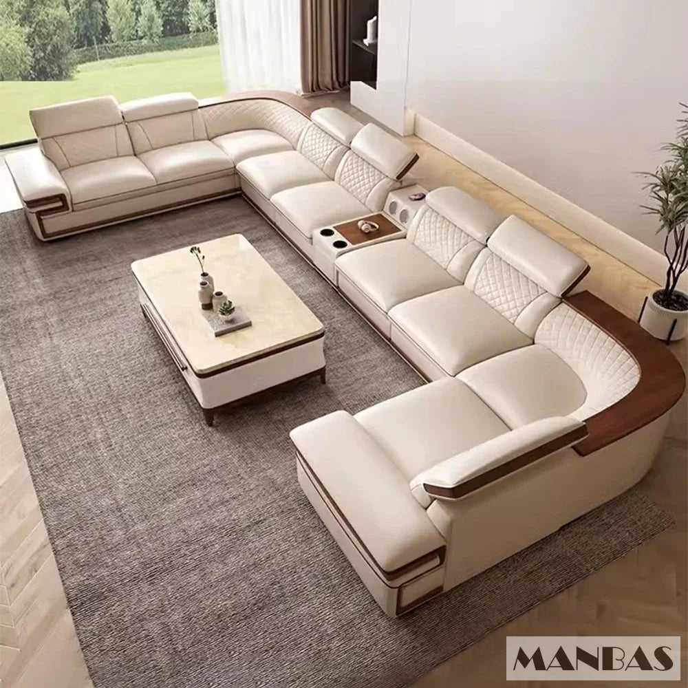 Genuine Italian Leather Sofa Set With Adjustable Headrests — Ivory | KIMLUD