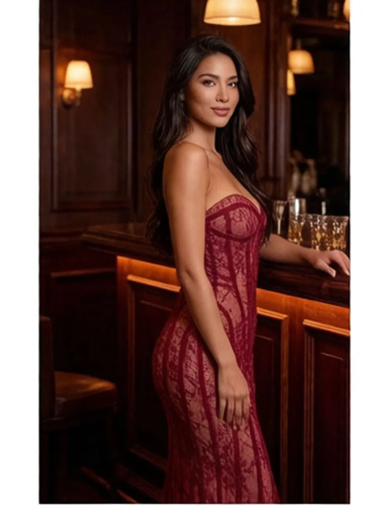 Evening Dress – Lace Decoration – Polyester – Wine Red | KIMLUD