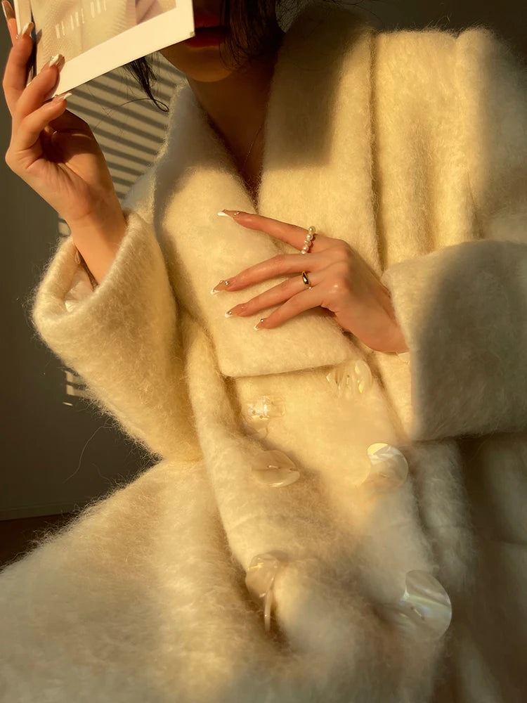 Coat – Double Breasted Long – Wool Blends – White | KIMLUD