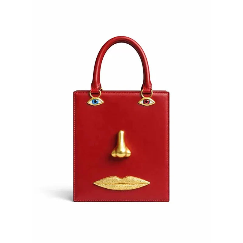 Gold-Tone Leather Face Bag Geometric Motif — Gold | KIMLUD