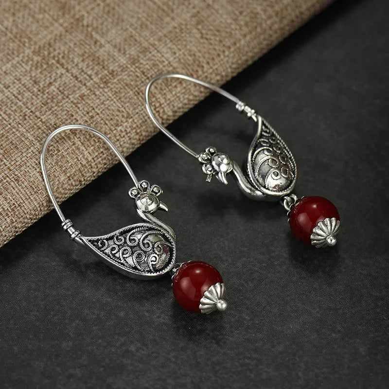 Ladies' Vintage Bird Shape Long Hook Earrings Metal Carved Pattern Design Retro Silver Plated Earrings Personalized Jewelry