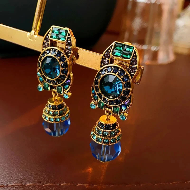 Rhinestone Ear Clip Geometric Water Drop Earrings — Blue | KIMLUD