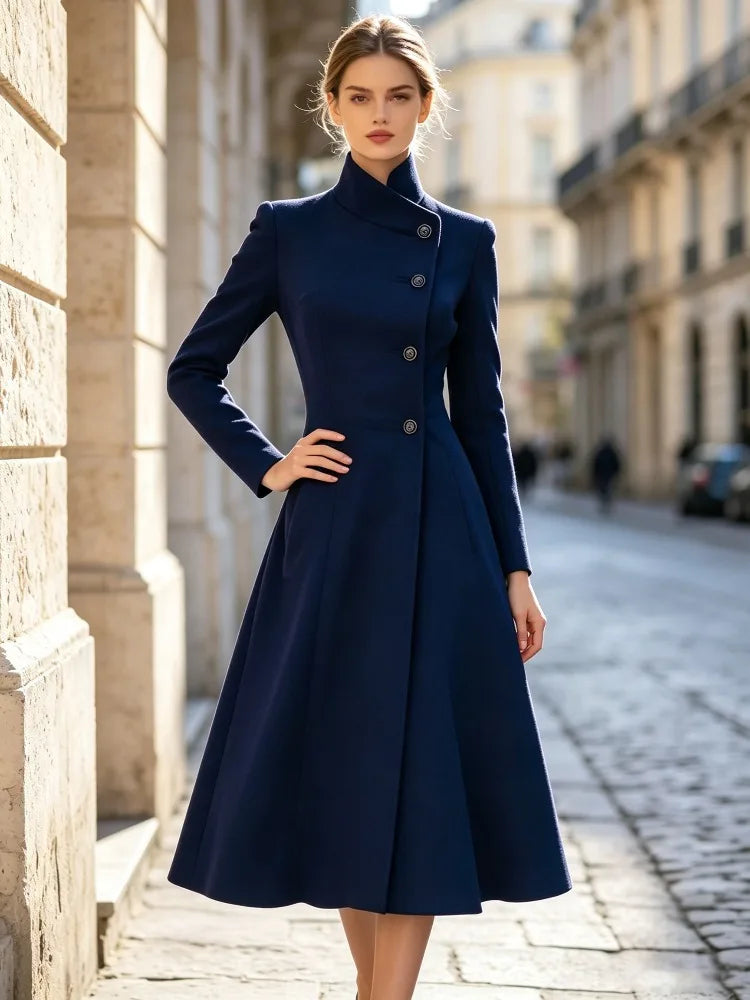 Evening Coat Dress – Asymmetric Stand Collar – Polyester | KIMLUD