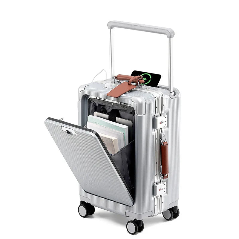 New Suitcase Wide Handle Front Opening Luggage with USB Cup Holder 20/26 Inch Suitcase Trip Cabin Carry-on Password Trolley Case