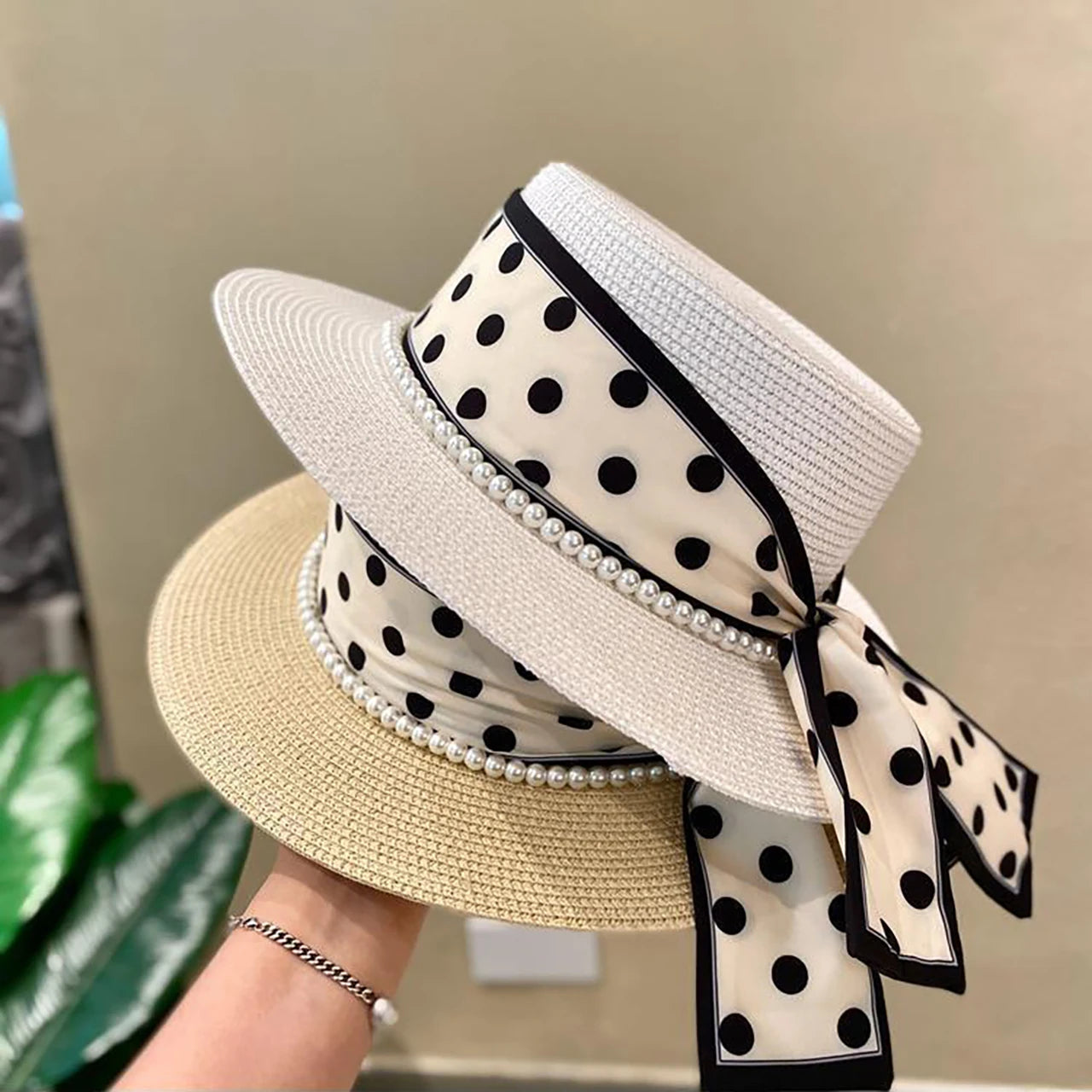 Fashion Straw Hat for Women Dot Ribbon Pearl Summer Wide Brim Sunshade Dome Basin Hats Franch Lady Elegant Travel Beach Sun Cap