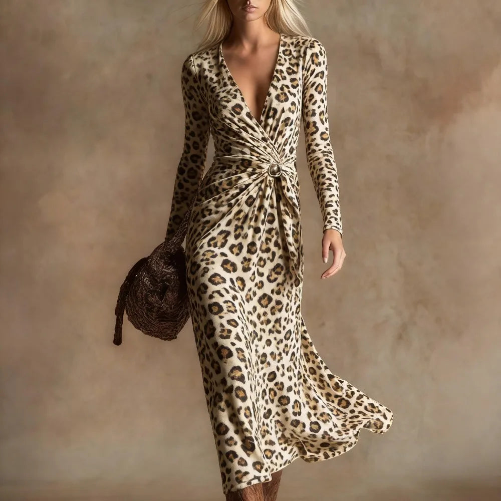 Leopard Print Maxi Dress – Twist Front – Polyester – Leopard | KIMLUD