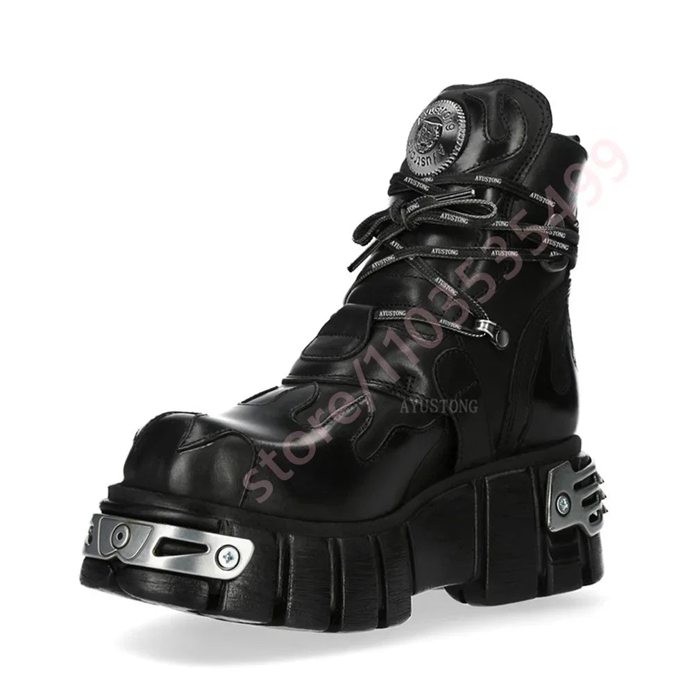 Ankle Boots - Metal Studded - Black Lace-Up Buckled Punk Rock | KIMLUD