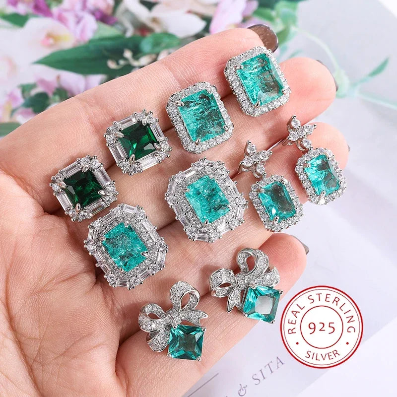 Sterling Silver Geometric Stud Earrings AAAA Zircon — Green | KIMLUD