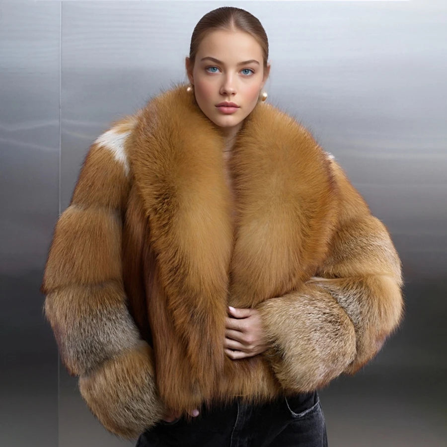 Real Red Fox Fluffy Women’s Jacket Short Cropped Fox Fur Jacket With Lapel Genuine Fur Outerwear Hot Selling Bolero Jacket