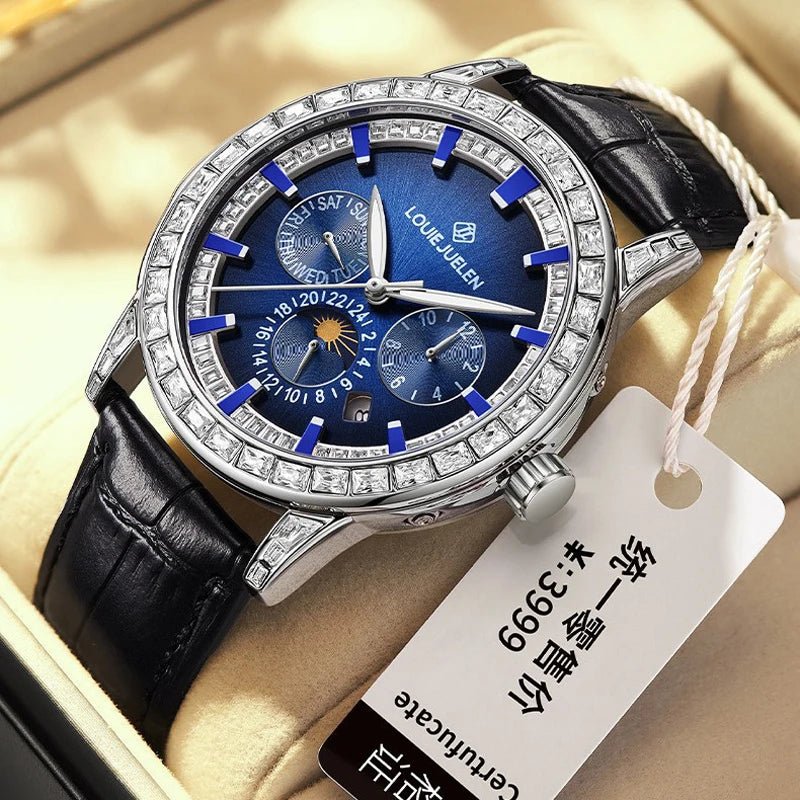 Automatic Moon Phase Watch Leather Strap Diamond Bezel Week Calendar — Blue | KIMLUD