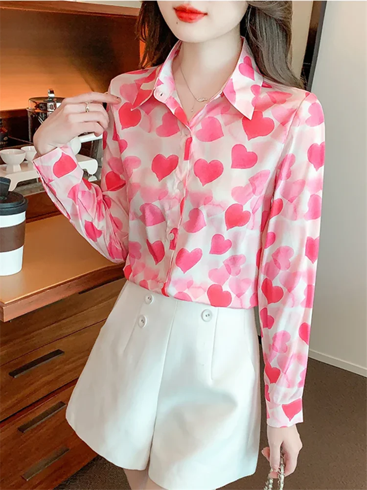 Chiffon Blouse – Love Heart Print – Slim | KIMLUD