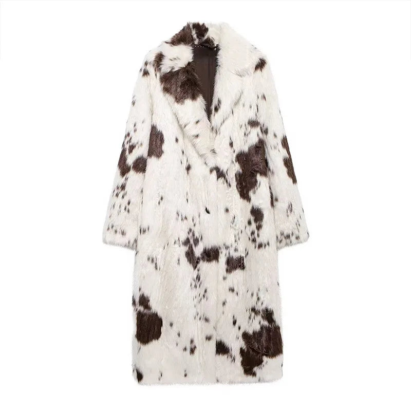 Faux Fur Long Coat – Turn Down Collar – Man-Made Fiber | KIMLUD