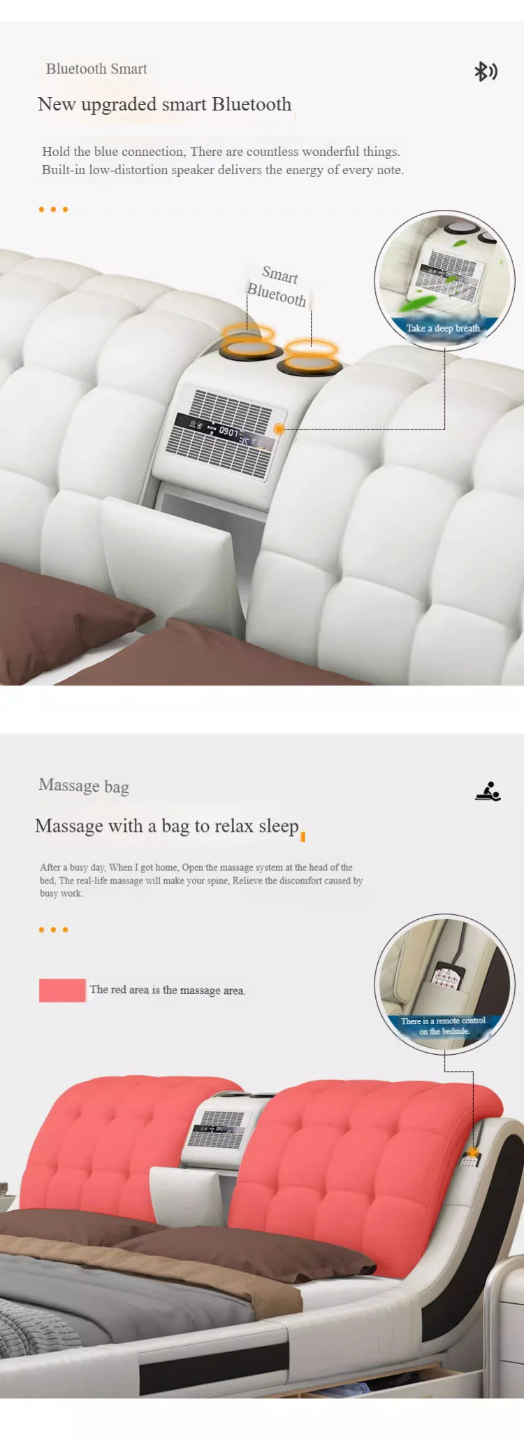 Genuine Leather Upholstered Electric Massage Bed King Size With Storage And Gas Lift — Custom Color | KIMLUD