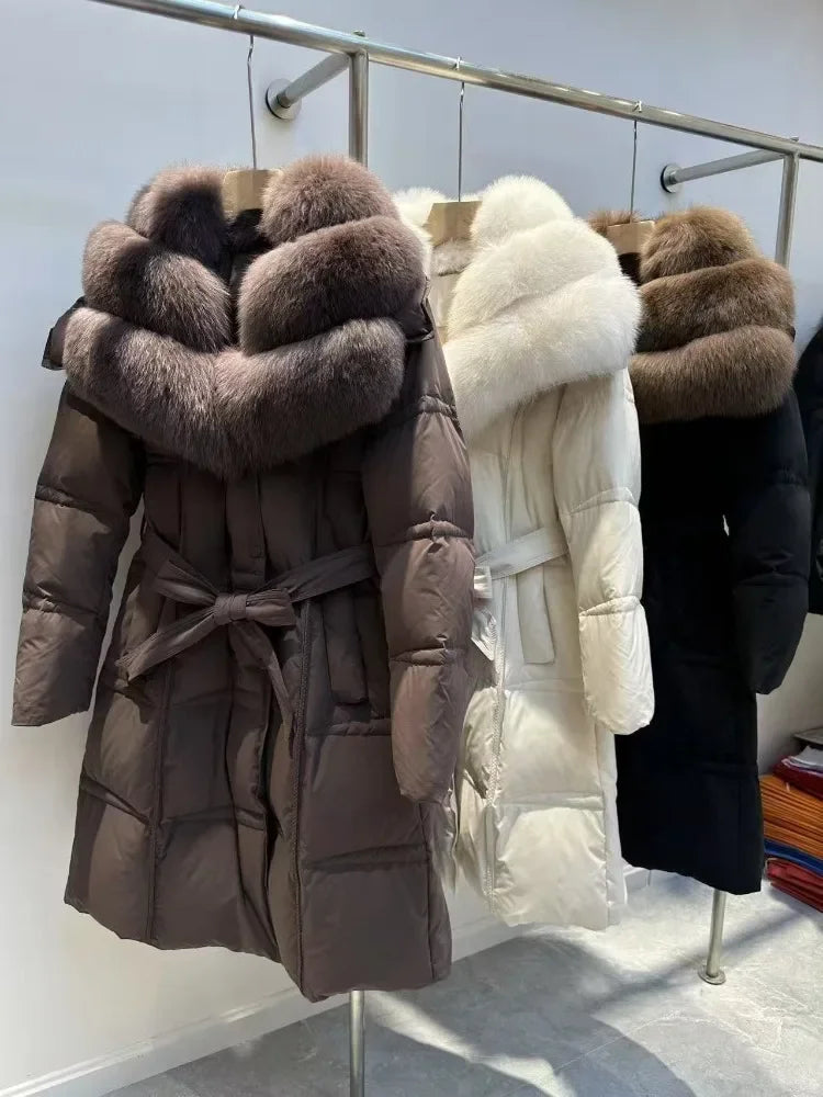 Long Real Fox Fur Collar Down Coat — Natural | KIMLUD