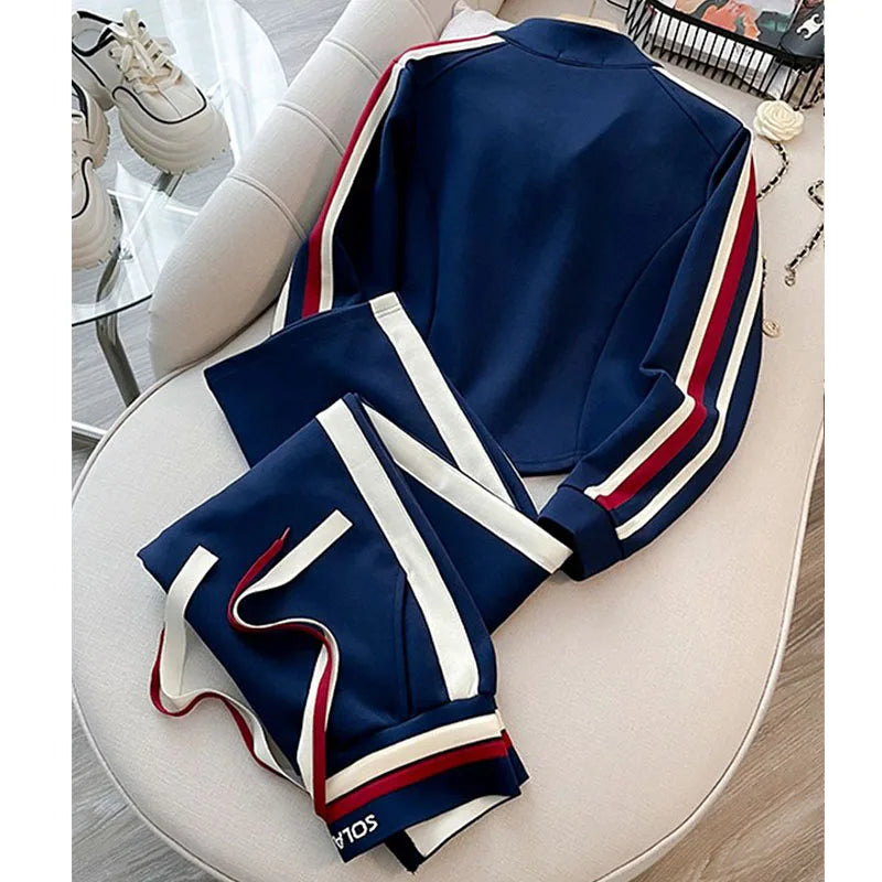 Blue Casual Sports Suit Women's Autumn and Winter Stylish Slimming Cardigan Sweatshirt Straight Leg Pants Two-piece Setpant Sets
