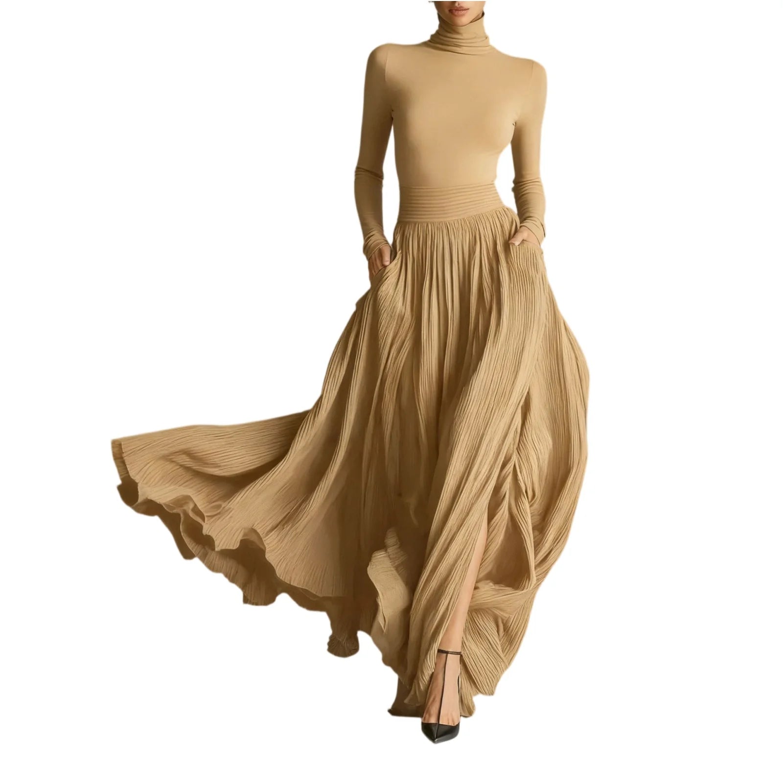 French Retro Elegant Light Luxury Slim-fit Dress for Women Turtleneck Long Sleeve Long Dresses Flowy Dress with a Large Skirt