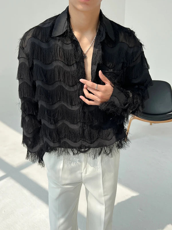 Tasseled Polyester Shirt Long Sleeve Fringe Draped — Black/White | KIMLUD