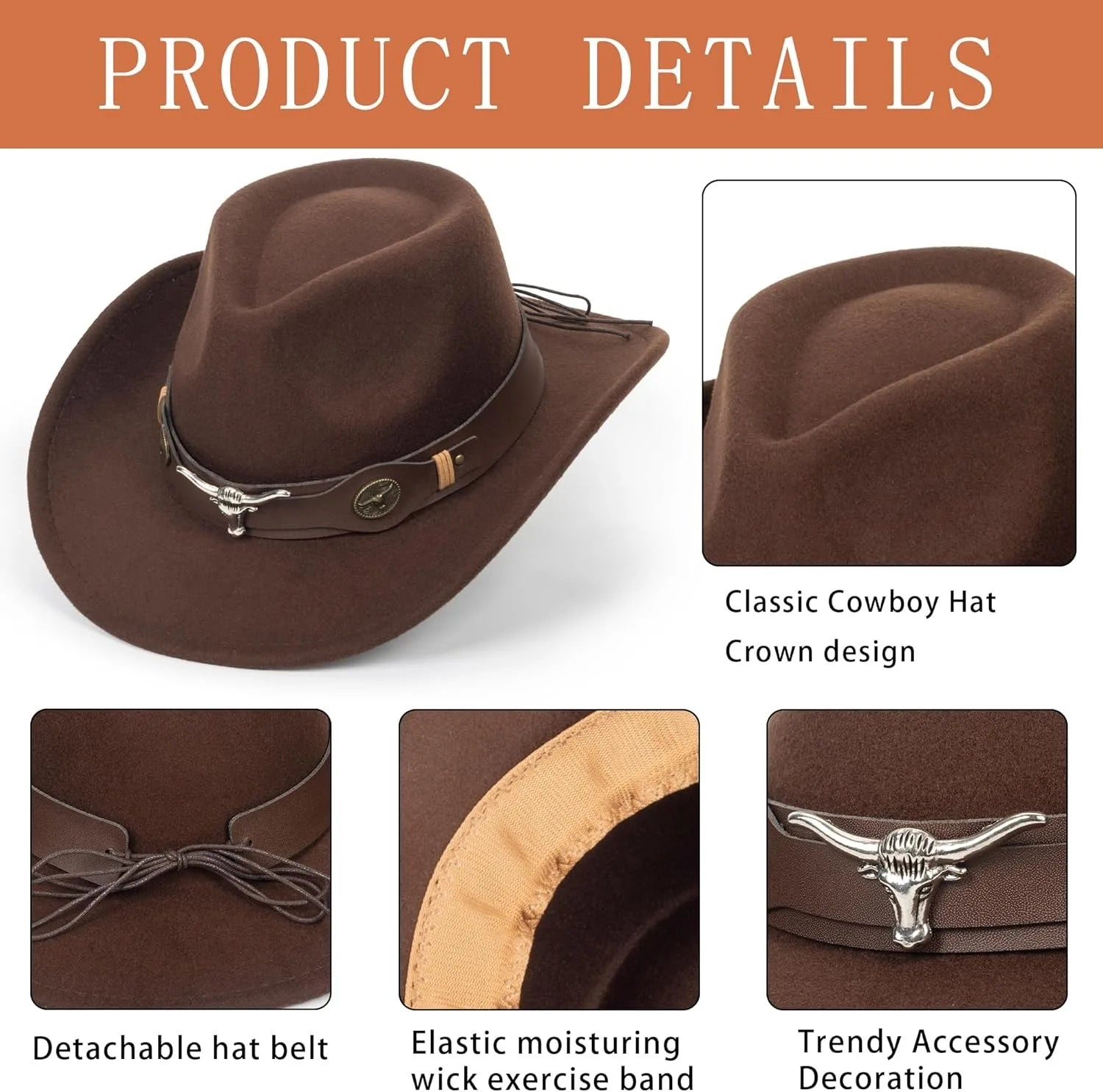 Felt Cowboy Hat Rolled-Up Buckle-Belt Turquoise-Band Bling-Star — Chocolate Brown | KIMLUD