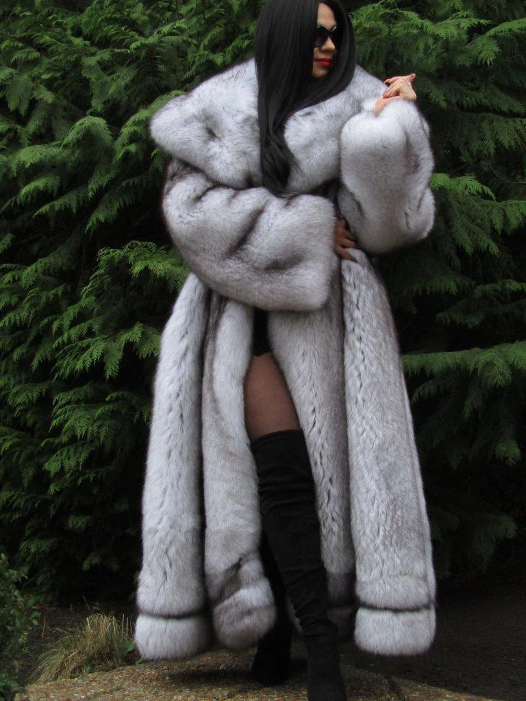 Faux Fox Fur Coat Long Hooded Thermal Full Pelt — Black | KIMLUD