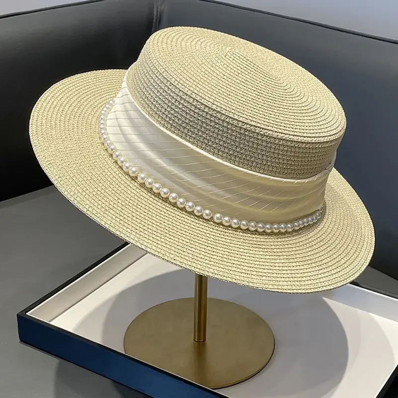 Straw Flat Sun Hat Pearl Chain — Natural Beige | KIMLUD