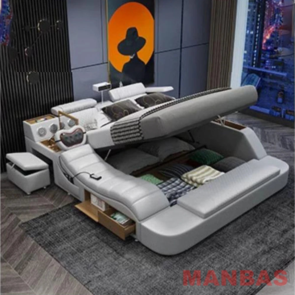 Genuine Leather Bed With Projector USB Speaker — White | KIMLUD
