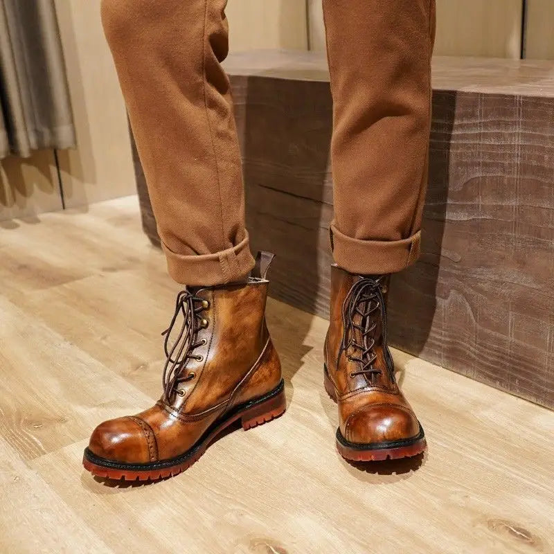 Cow Genuine Leather Motorcycle Boots Brogue Shoes Retro High Big Head Chelsea Men's Boots Ankle Boots For Men Brown