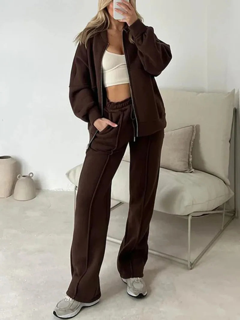 Two-Piece Tracksuit With Zip Sweatshirt And Straight Pants — Olive | KIMLUD