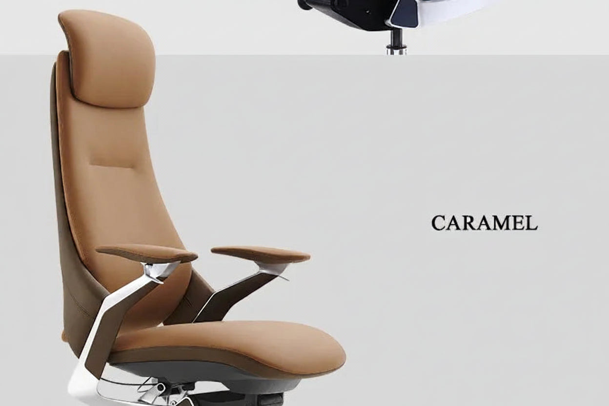 Brown office chair with 'Caramel' label on a white background