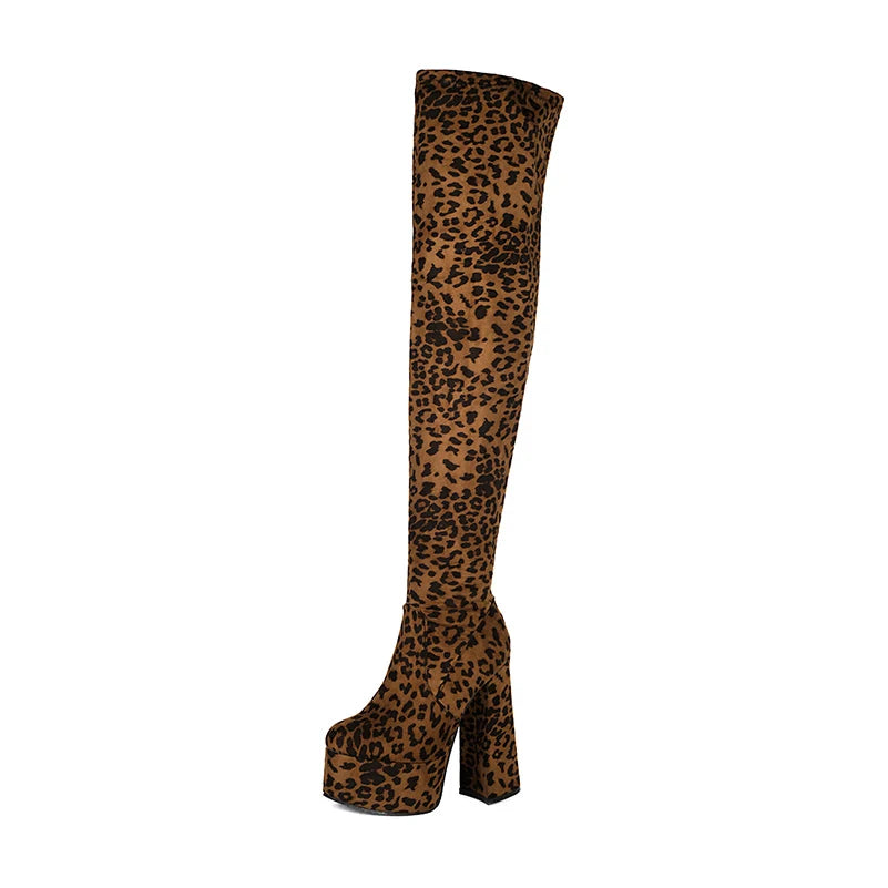 Over The Knee Boots – Leopard Print Velvet – Velvet – Leopard Print | KIMLUD