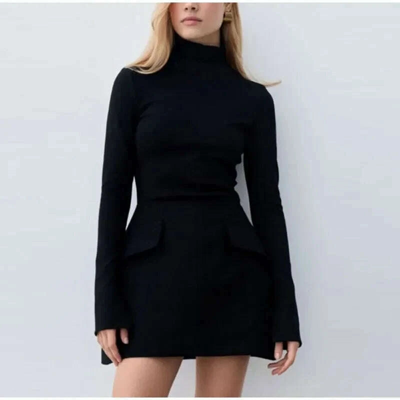 KIMLUD, Stylish Long Sleeve Half Turtleneck Dress Women Casual Autumn Spring Solid Sweet Hip Package Skirts for Female New Party Dresses, KIMLUD Womens Clothes