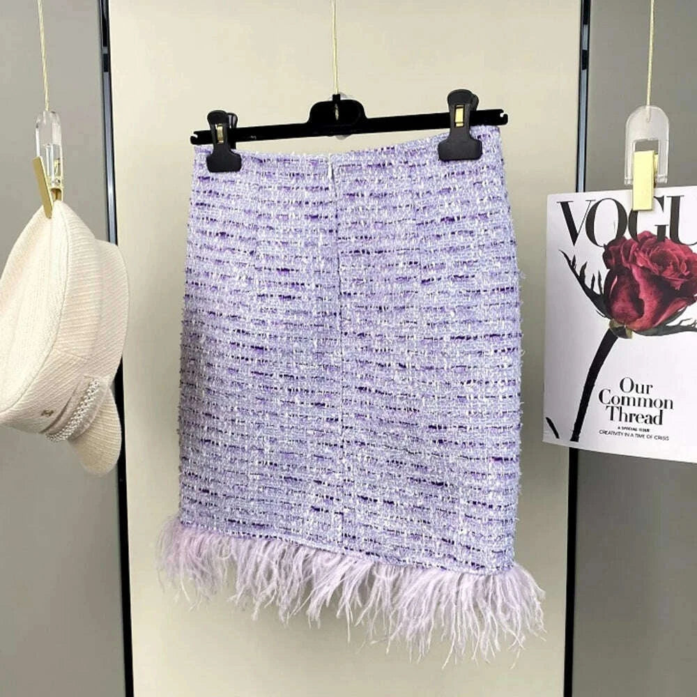 High Quality Elegant Violets Tweed Women Set Single-breasted Feather Beaded Tassel Jacket & High Waist Shorts Suit Fashion Party