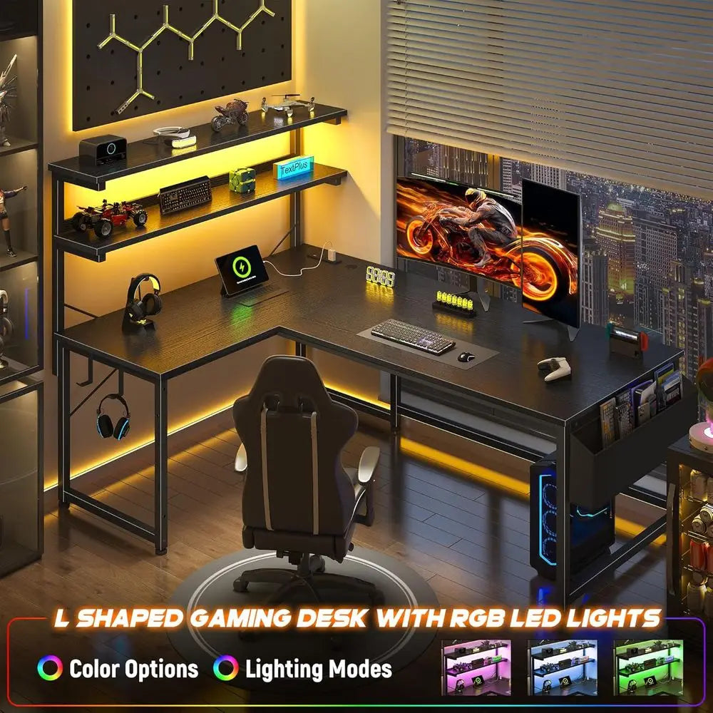 LED-lit 43.3 L-Shaped Gaming Desk with Power Outlet, Storage, and Hook for Home or Office