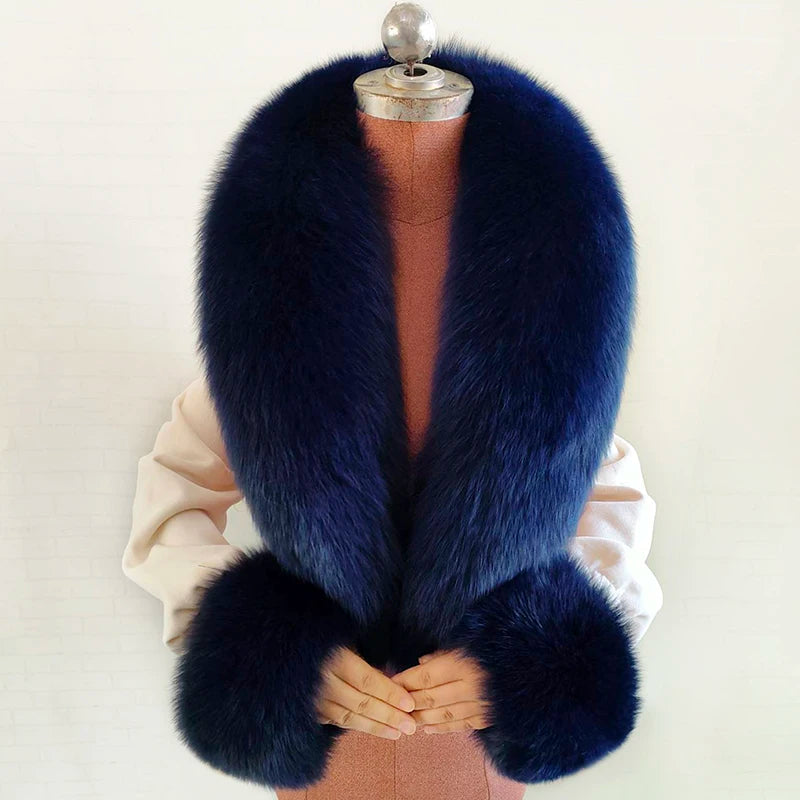 Fox Fur Solid Scarf And Cuff Set For Winter — Green | KIMLUD