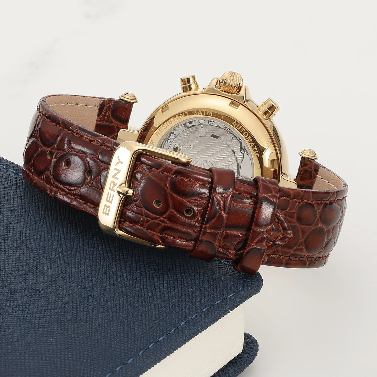 Genuine Leather Retro Automatic Watch — Black | KIMLUD