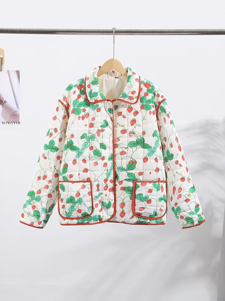 Women Print Cotton Jacket Colorful Casual Turn-down Collar Long Sleeve Single Breasted Pocket Jackets Autumn Winter Fashion Coat