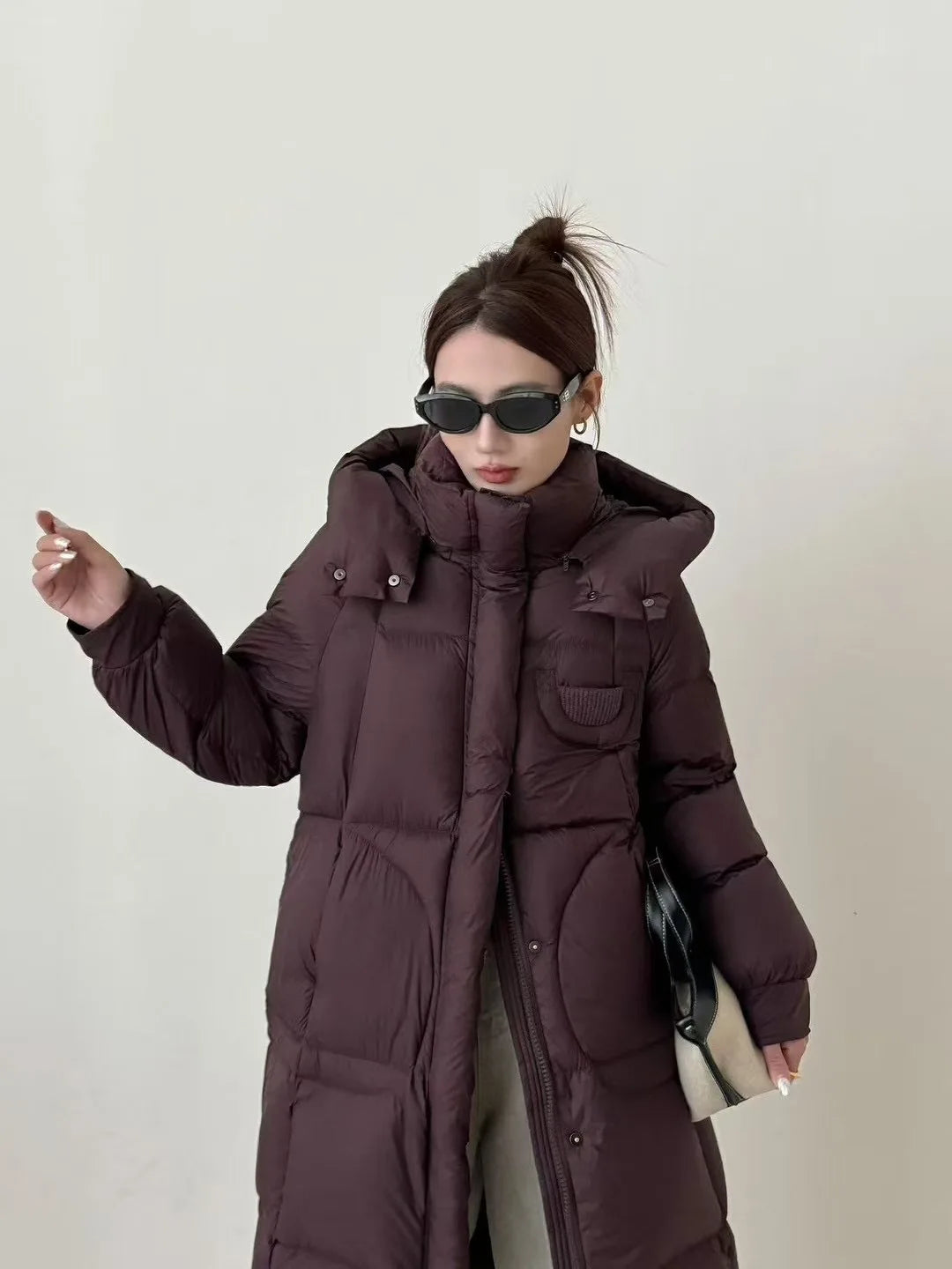 Hirsionsan Winter Long Solid Hooded Puffer Clothing Women Loose Casual White Duck Down Jackets Retro Streetwear Simple Warm Coat