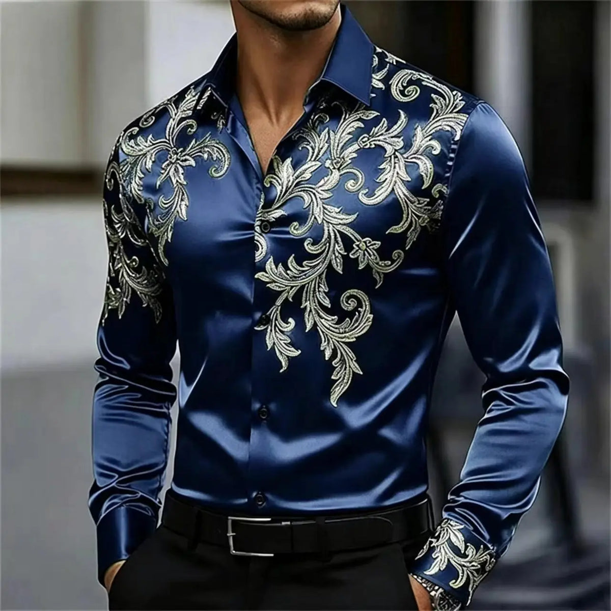 Men's Satin Paisley Print Shirt – Silk Polyester | KIMLUD