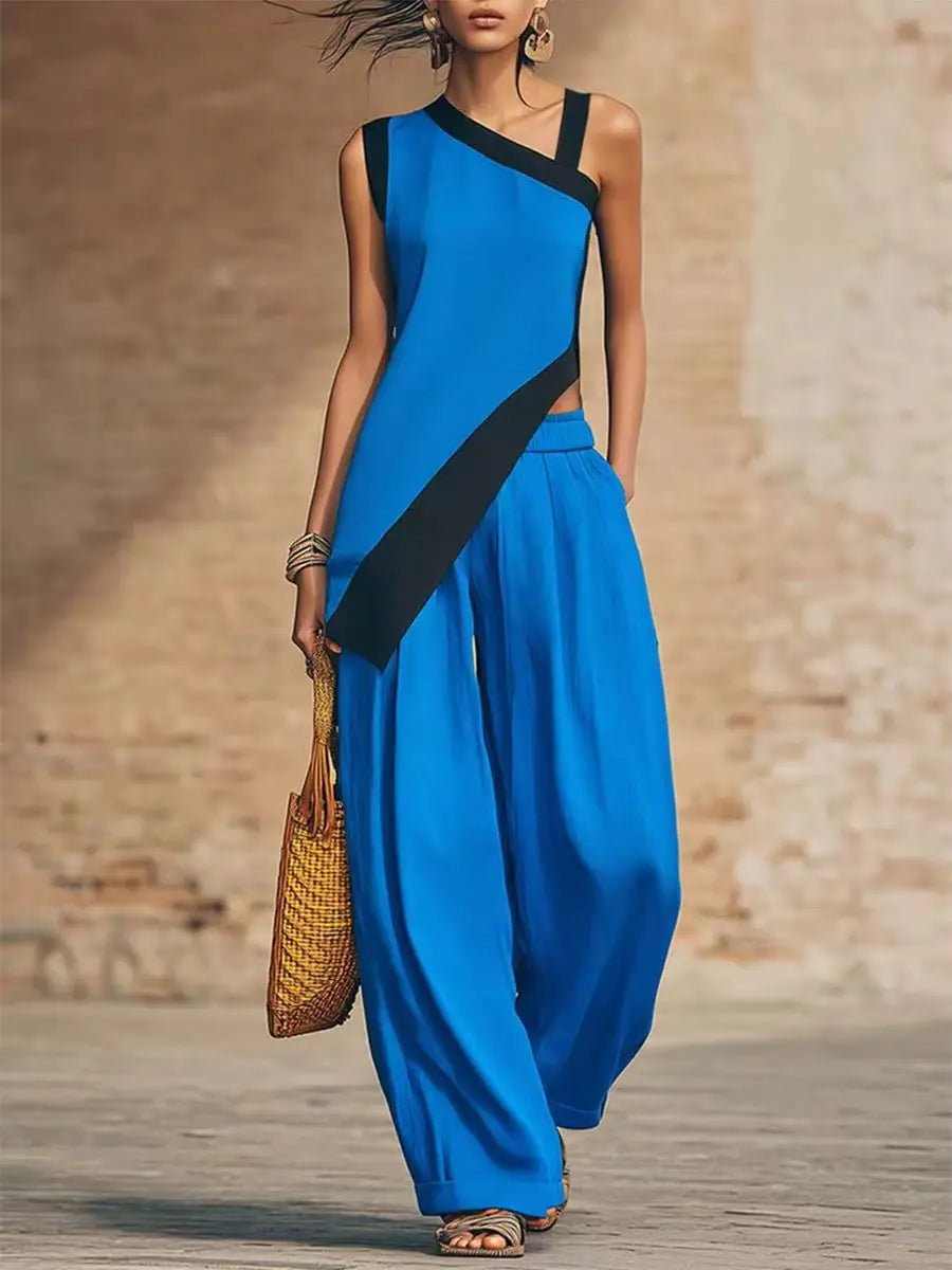 Wide Leg Color Block Pants And Top Set — Black | KIMLUD