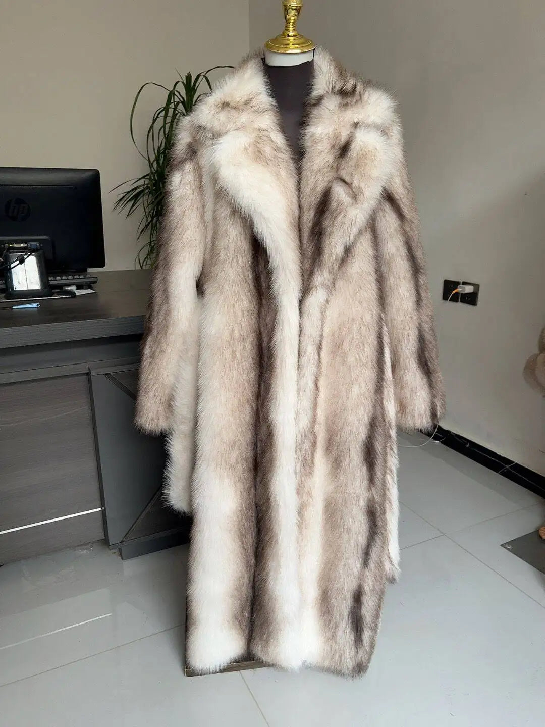 Faux Fur Coat - Long Waistband Design - Faux Fur - Large Collar | KIMLUD
