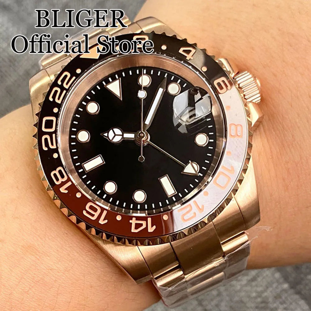 20ATM Waterproof 40mm Rose Gold NH34 GMT Automatic Watch For Men Steel Strap Ceramics Bezel Sapphire Glass Luminous