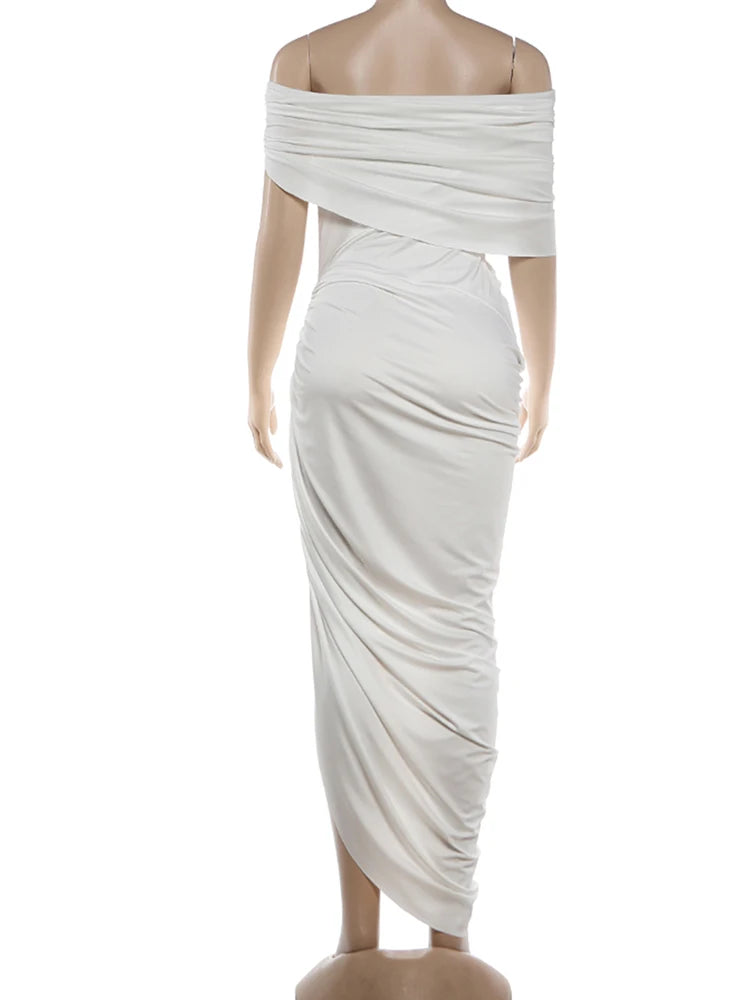 White off-shoulder dress on a mannequin against a white background