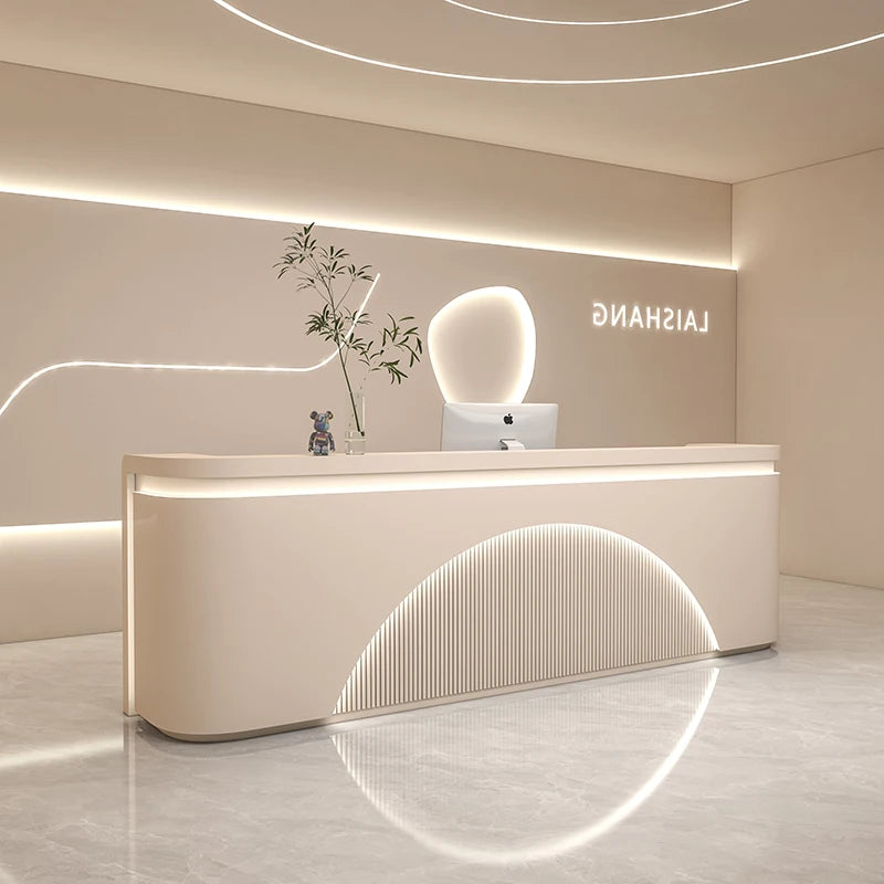 Modern Reception Desk With Integrated LED Lighting — White | KIMLUD